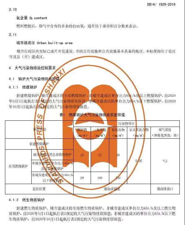 山西鍋爐大氣污染物排放標(biāo)準(zhǔn)(DB14/1929-2019)全文